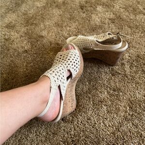 Cream and tan Mudd wedge sandal heels; perfect condition, worn maybe once